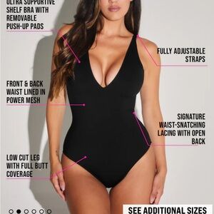 TA3 Plungey Thong Black One-Piece Swimsuit with Adjustable Straps NWT